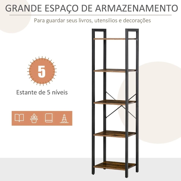 HOMCOM Estante de Estilo Industrial de 5 Níveis Estante para Livros de Armazenamento com Estrutura de Aço para Sala de Estar Escritório Cozinha Dormitório 40x30x154cm Marrom Rústico - Image 4
