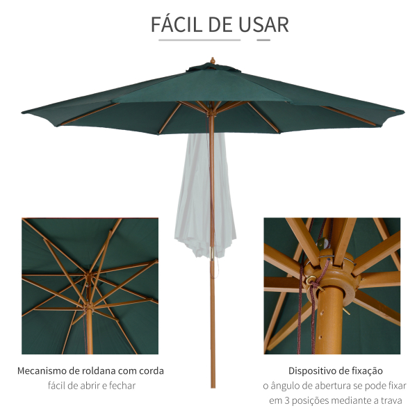 Outsunny Chapéu de Sol Ø300x250cm Chapéu de Sol com Mastro de Madeira com 8 Hastes Sistema de Polia com Fixação Verde - Image 5