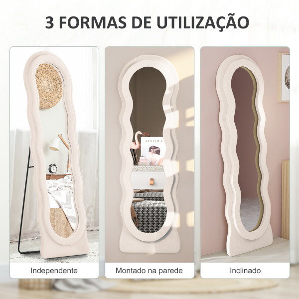 HOMCOM Espelho de Pé 50x160 cm Espelho de Corpo Inteiro ou de Parede com Desenho Assimétrico e Estrutura de Veludo Creme - Image 6