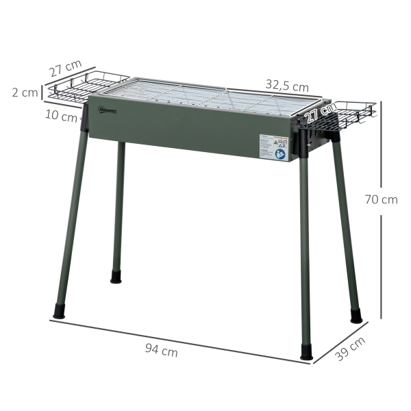 Outsunny Barbecue a Carvão com 2 Grelhas de Aço Inoxidável Portátil com 2 Prateleiras para Temperos com Ganchos 77x30x70 cm Verde - Image 3
