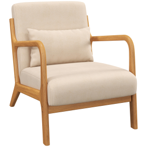HOMCOM Poltrona Sala de Estar Nórdica Acolchoada com Apoio para os Braços e Estrutura de Madeira de Borracha 61x78x76 cm Bege