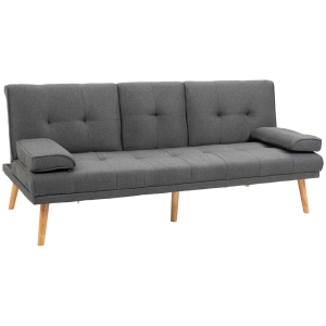 HOMCOM Sofá Cama 3 Lugares com Encosto Ajustável Apoio para os Braços Desmontável e 2 Suportes para Copos 181x77x78 cm Cinza