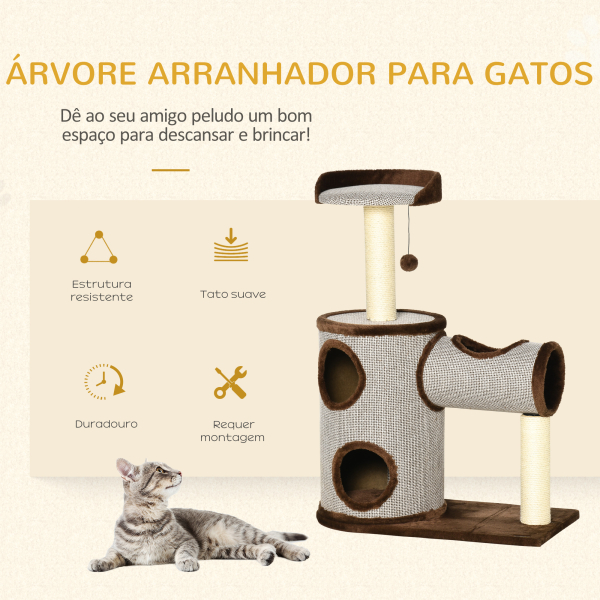 PawHut Árvore Arranhador para Gatos Médios Altura 104cm Torre de Escalada para Gatos com Barril Arranhador Plataforma Superior Túnel Poste de Sisal e Bola Suspensa 75x39x104cm Marrom - Image 4