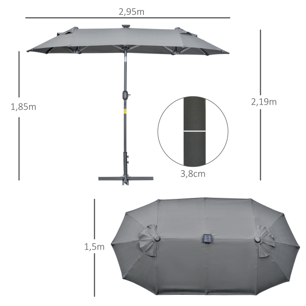 Outsunny Chapéu de Sol Duplo 295x150x219 cm com Luzes LED Solares Teto com Inclinação Ajustável e Manivela Manual para Jardim Cinza - Image 3