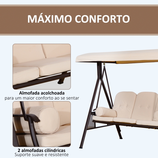 Outsunny Banco Baloiço de Jardim de 3 Lugares com Teto 2 Almofadas Suporte para Bebidas e Estrutura de Metal para Terraço Balcão Exterior Carga Máxima 360kg 207x120,5x174cm Bege - Image 6