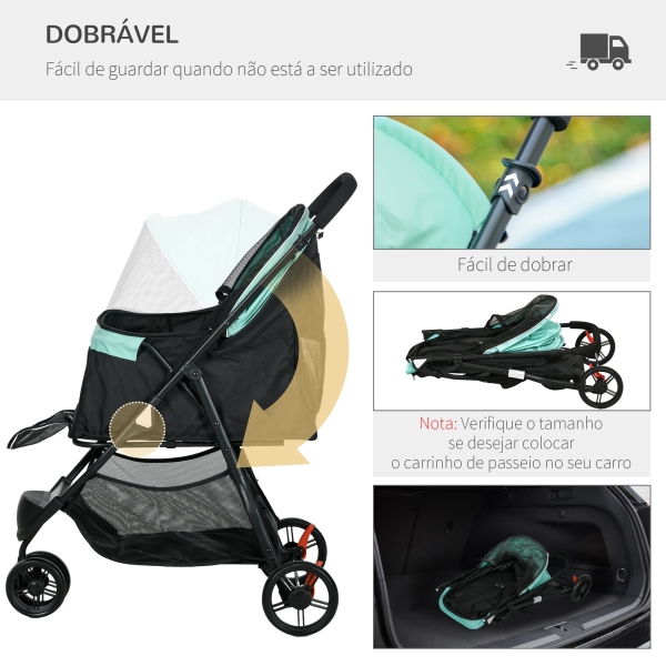 PawHut Carrinho para Cães Dobrável para Cães Pequenos com Cesta de Armazenamento Janela de Malha Capa para Chuva 80,5x51,5x100 cm Verde - Image 5