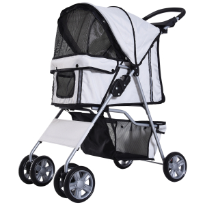 PawHut Carrinho de Passeio para Animais de Estimação Dobrável com Cesta de Armazenamento e Travão 75x45x97cm Cinza
