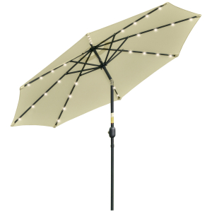 Outsunny Chapéu de Sol com 32 Luzes LED Solares Ø265x233cm Chapéu de Sol Inclinável com Manivela e Mastro de Aço para Terraço Pátio Exterior Bege