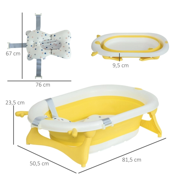HOMCOM Banheira para Bebé Recém Nascido até 3 Anos Dobrável 30 Litros com Tampa Termossensível e Almofada Confortável Almofadas Antiderrapantes 81,5x50,5x23,5cm Amarelo e Branco - Image 3
