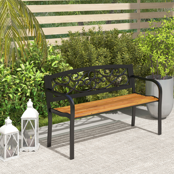 Outsunny Banco de Jardim de 2 Lugares Banco de Exterior com Assento de Madeira e Estrutura de Aço 127x56x80 cm Madeira e Preto - Image 2