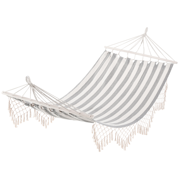 Outsunny Cama Rede de Jardim 200x100 cm Rede Suspensa com Travessas de Madeira para Pátio Varanda Campismo Creme e Cinza