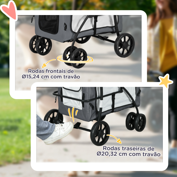 PawHut Carrinho para Animais de Estimação Carrinho para Cães Dobrável com Compartimento Desmontável 4 Portas 81x58x97,5 cm Cinza - Image 7