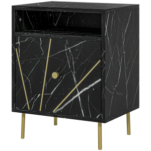 HOMCOM Mesinha de Cabeceira com Efeito Mármore Compartimento Aberto e Gaveta Mesa de Cabeceira para Quarto 39x30x50 cm Preto
