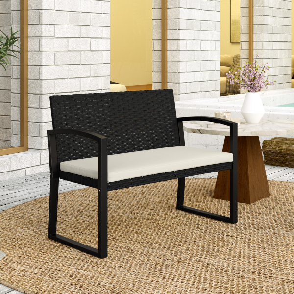 Outsunny Banco de Jardim em Vime Sintético de 2 Lugares Banco de Exterior com Almofada 103x58x78 cm Preto e Bege - Image 9