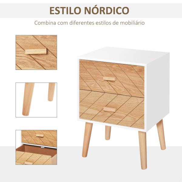 HOMCOM Mesa de Cabeceira com 2 Gavetas Espaço de Armazenamento para Dormitório 40x30x55,5 cm Branco e Madeira - Image 4
