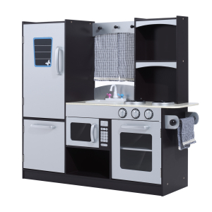 HOMCOM Cozinha de Brinquedo Infantil Cozinha de Madeira para Crianças com Acessórios Cozinha para Crianças com Forno Micro-Ondas Lavatório 105x31,5x95 cm Cinza e Preto