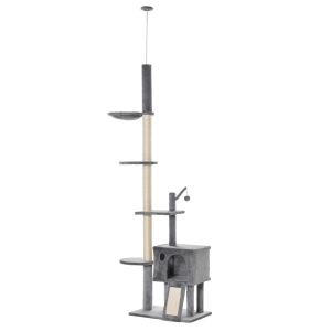 PawHut Árvore Arranhador para Gatos para Fixar ao Teto Altura Ajustável 238-270cm com Rede Caverna Rampa Bola pendurada 60x40x270cm Cinza Claro