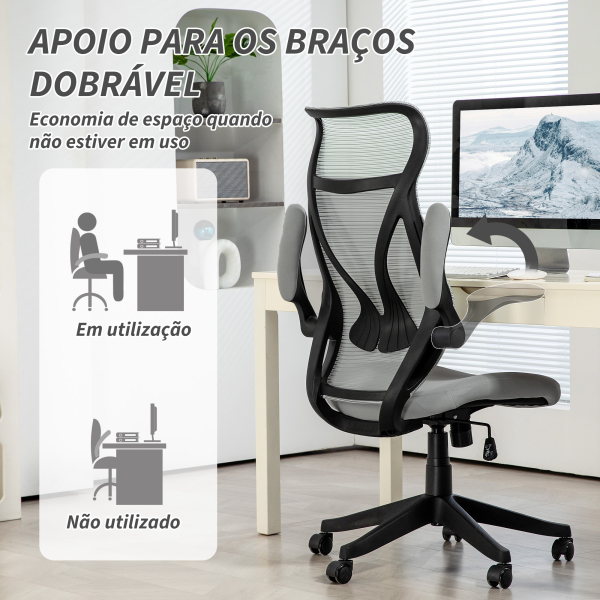 HOMCOM Cadeira de Escritório Giratória com Altura Ajustável Apoio para os Braços Dobráveis e Função Basculante 66x66x113-121 cm Cinza - Image 4