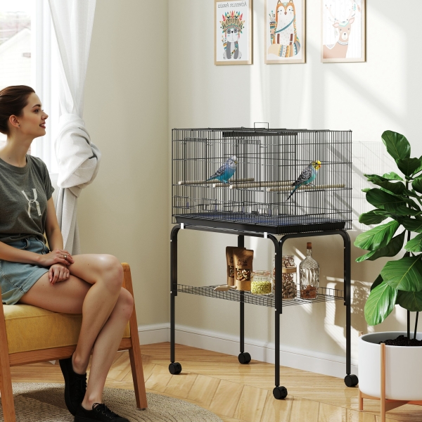PawHut Gaiola para Pássaros com Divisória Rodas Gaiola para Aves com Comedouros Poleiros e Bandeja Removível 94x57x128 cm Preto - Image 2