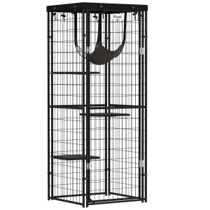 PawHut Gaiola para Gatos Recinto para Gatos com Cobertura Impermeável 3 Plataformas Rede  Almofadas e Porta para 1-2 Gatos 61,5x55x157 cm Preto