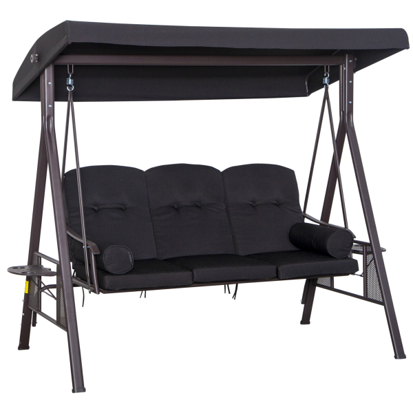 Outsunny Banco Baloiço de Jardim de 3 Lugares com Teto 2 Almofadas Suporte para Bebidas 206x116x183 cmPreto