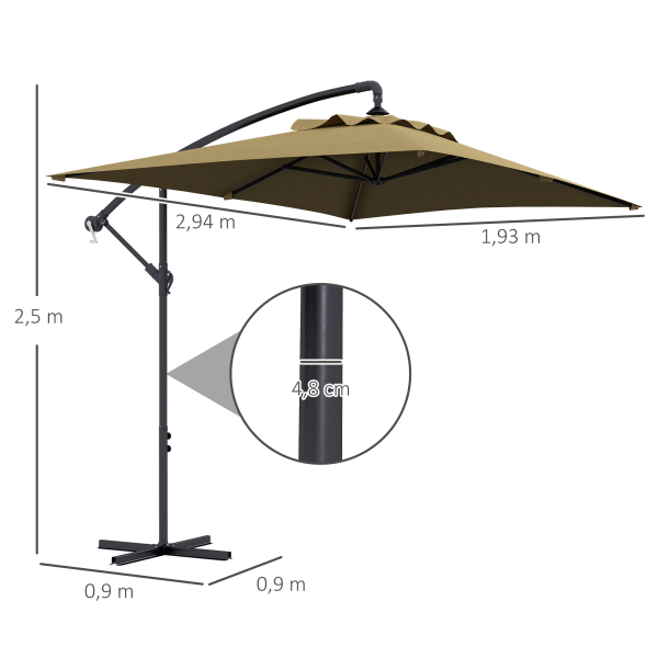 Outsunny Chapéu de Sol Excêntrico 294x193 cm Chapéu de Sol de Jardim com Base Cruzada e Manivela Impermeavel Proteção UV Marrom - Image 3