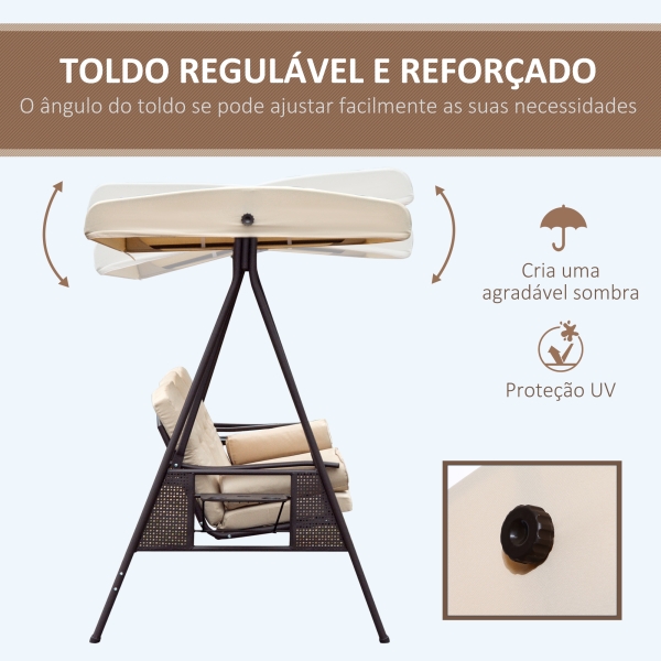 Outsunny Banco Baloiço de Jardim de 3 Lugares com Teto 2 Almofadas Suporte para Bebidas e Estrutura de Metal para Terraço Balcão Exterior Carga Máxima 360kg 207x120,5x174cm Bege - Image 4