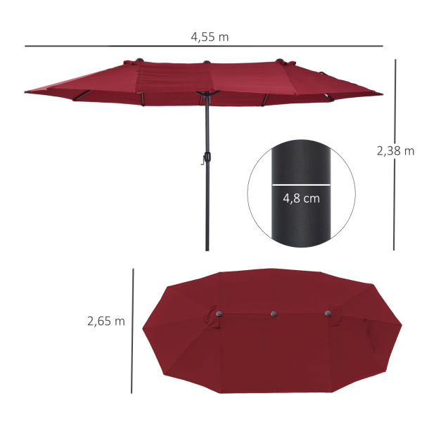 Outsunny Chapéu de Sol Duplo 4,55x2,68x2,38 m  Chapéu de Sol de Jardim com Manivela Manual Resistente à Água e com Proteção Solar UV para Terraço Pátio Vinho - Image 3
