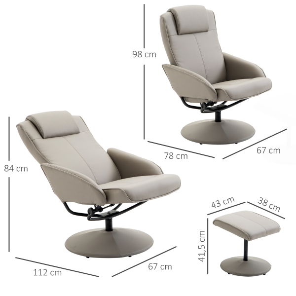 HOMCOM Poltrona Relax Reclinável até 145° com Banco de Apoio para os Pés Poltrona Giratória 360° Estofada em PU e Estrutura de Aço 78x67x98cm Cinza - Image 3