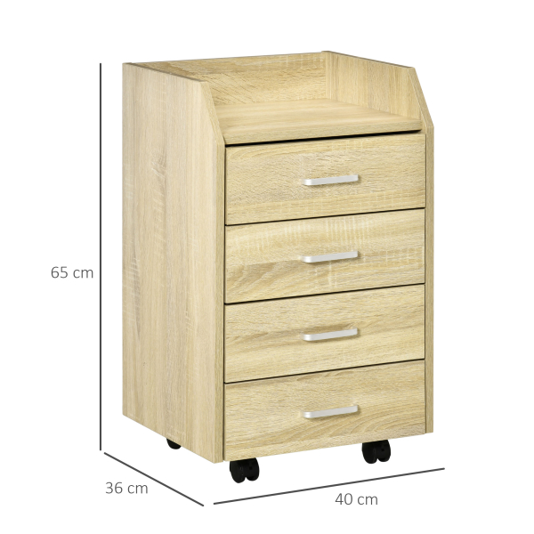 Vinsetto Bloco de Gavetas Móvel Auxiliar com 4 Gavetas Bancada Superior de Armazenamento 4 Rodas e 2 Freios para Estúdio Escritório 40x36x65cm Carvalho - Image 3