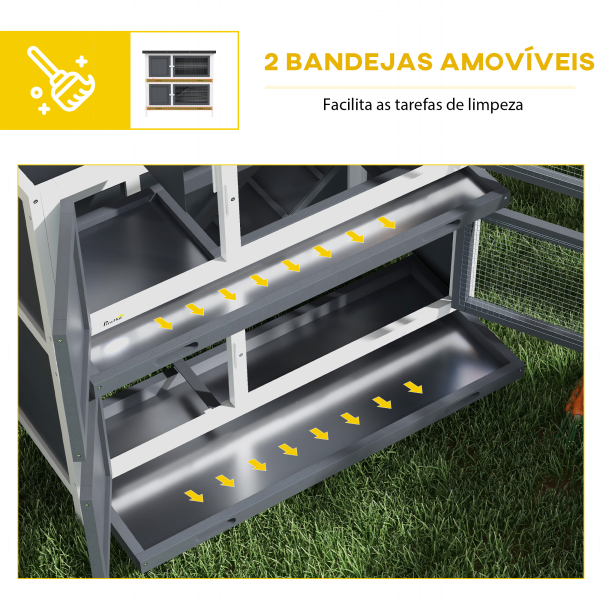 PawHut Coelheira de Madeira de 2 Pisos com Teto Asfáltico Bandejas Amovíveis e Rampa para 2 Coelhos 97x44x91 cm Cinza - Image 6