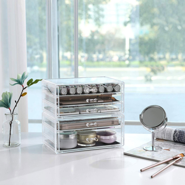 Organizador de maquiagem SONGMICS, caixas de armazenamento de 2 peças para joias e cosméticos, empilháveis, com 5 gavetas, poliestireno transparente JMU32TP - Image 2