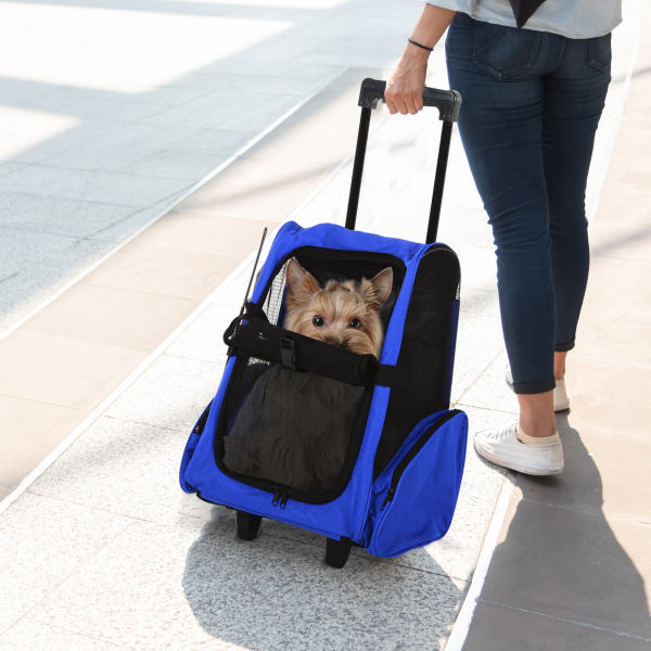 PawHut Transportadora 2 em 1 para Animais de Estimação Mochila ou Carrinho de Viagem para Cães e Gatos com 2 Rodas Alça Retrátil de Alumínio e Bolso de Armazenamento 42x25x55cm Azul - Image 2