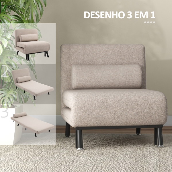 HOMCOM Sofá Cama Individual Dobrável Estofado em Linho com Encosto Ajustável em 5 Níveis e Almofada Acolchoada 75x70x75 cm Bege - Image 7