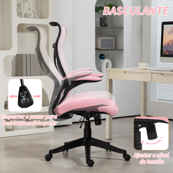 HOMCOM Cadeira de Escritório Giratória com Altura Ajustável Apoio para os Braços Dobráveis e Função Basculante 66x66x113-121 cm Rosa - Image 5