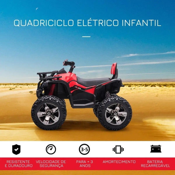 HOMCOM Quadriciclo Elétrico 12V para Crianças de 3-5 Anos com Farol Música Pneus de Suspensão Botões Avance e Retrocesso Veículo Elétrico a Bateria 100x65x73cm Vermelho - Image 4