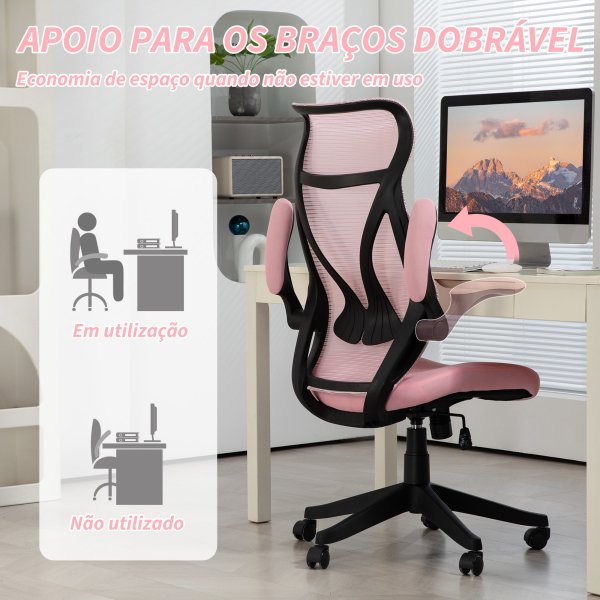 HOMCOM Cadeira de Escritório Giratória com Altura Ajustável Apoio para os Braços Dobráveis e Função Basculante 66x66x113-121 cm Rosa - Image 4
