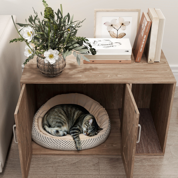PawHut Móvel Caixa de Areia para Gatos 3 em 1 com Portas Tapete para Arranhar e Compartimento p 80x48x50,5 cm Castanho - Image 9
