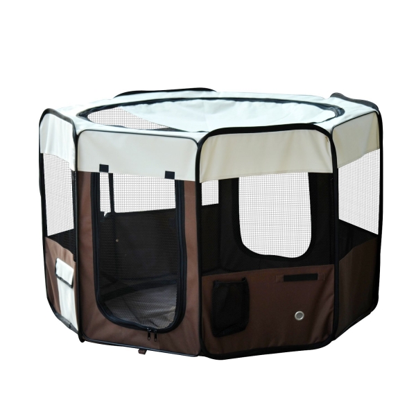 PawHut Parque para Animais de Estimação Dobrável com 2 Portas e Almofada Tecido Oxford Ø117x71 cm Marrom