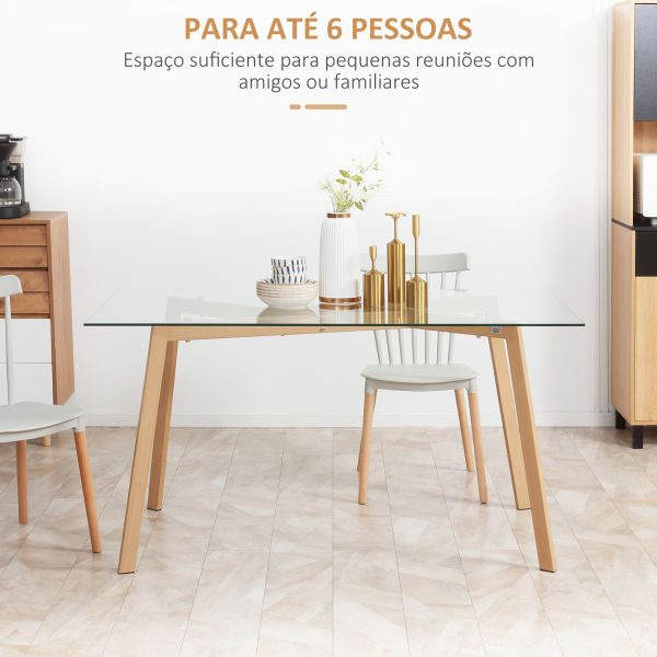 HOMCOM Mesa de Jantar para 6 Pessoas com Bancada de Vidro Temperado e Pés de Aço com Efeito de Madeira 150x75x76 cm Transparente e Madeira - Image 4