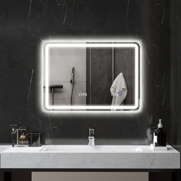 HOMCOM Espelho de Casa de Banho com Luz LED 70x50 cm Bluetooth 3 Cores de Luz Relógio Digital Função Antiembaciamento Memória Prata - Image 2