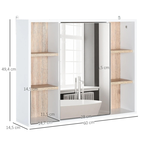 HOMCOM Armário de Espelho com Espaço Interno com Prateleiras Ajustáveis ​​Armário de Banheiro com Prateleiras Abertas 60x14,5x49,4 cm Branco e Carvalho - Image 3