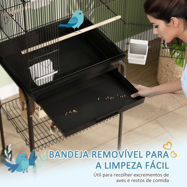 PawHut Gaiola de Metal para Pássaros com Bandeja Amovível Rodas 4 Comedouros 3 Poleiros e 1 Baloiço 50,5x41x163 cm Preto - Image 5
