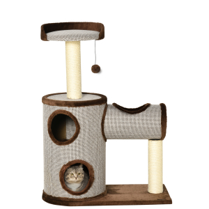 PawHut Árvore Arranhador para Gatos Médios Altura 104cm Torre de Escalada para Gatos com Barril Arranhador Plataforma Superior Túnel Poste de Sisal e Bola Suspensa 75x39x104cm Marrom