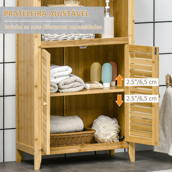 HOMCOM Armário Auxiliar Casa de Banho de Bambu com 2 Portas Compartimento Aberto e Prateleira Ajustável 50x25,5x92 cm Madeira - Image 6