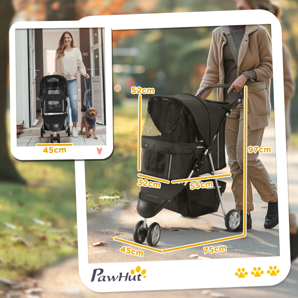 PawHut Carrinho para Animais de Estimação Dobrável com Rodas Giratórias Cesto e Suporte para Copos 75x45x97 cm Preto - Image 3