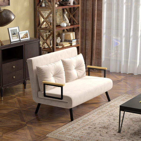 HOMCOM Sofá Cama Sofá Convertível em Cama de 2 Lugares Dobrável com Encosto Ajustável em 5 Níveis e 2 Almofadas 102x73x81 cm Bege - Image 2
