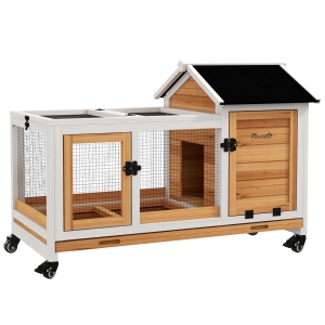 PawHut Coelheira de Madeira com Rodas para 1-2 Coelhos com Teto Abatível Bandeja Amovível 108x58x73,5 cm Madeira e Branco