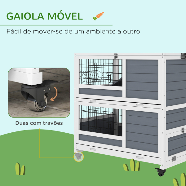 PawHut Coelheira de 2 Níveis 90x53x97 cm com Rodas Tejadilho Rebatível Tabuleiro Amovível Alimentador e Rampa cinzenta - Image 7