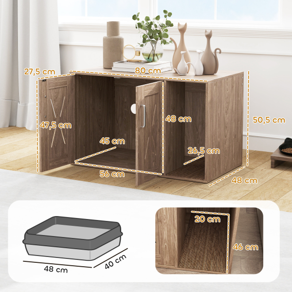 PawHut Móvel Caixa de Areia para Gatos 3 em 1 com Portas Tapete para Arranhar e Compartimento p 80x48x50,5 cm Castanho - Image 3
